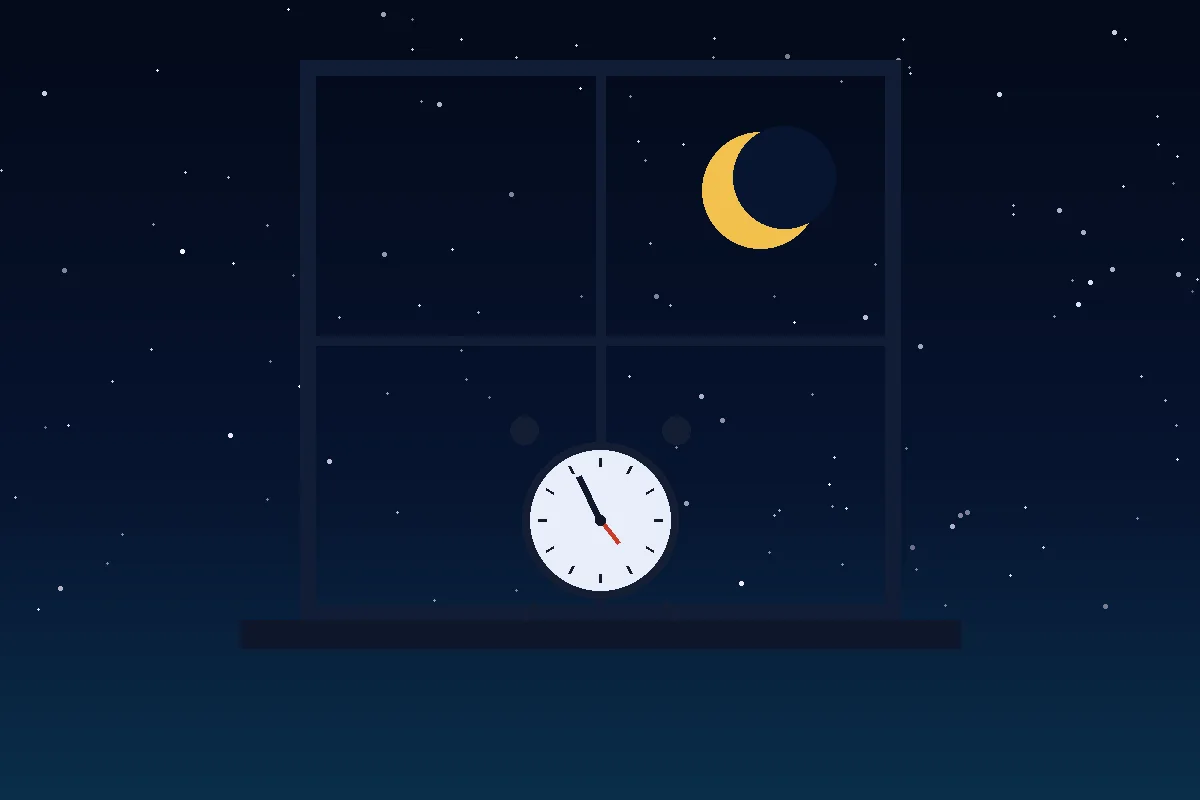 An alarm clock on a windowsill under a crescent moon, set for waking up for Tahajjud