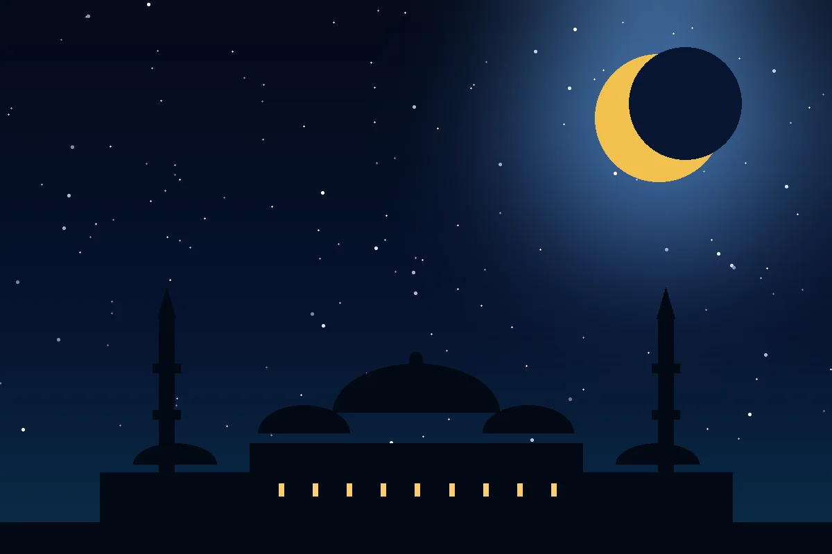 Night sky with a crescent moon over a mosque skyline silhouette, marking the last third of the night