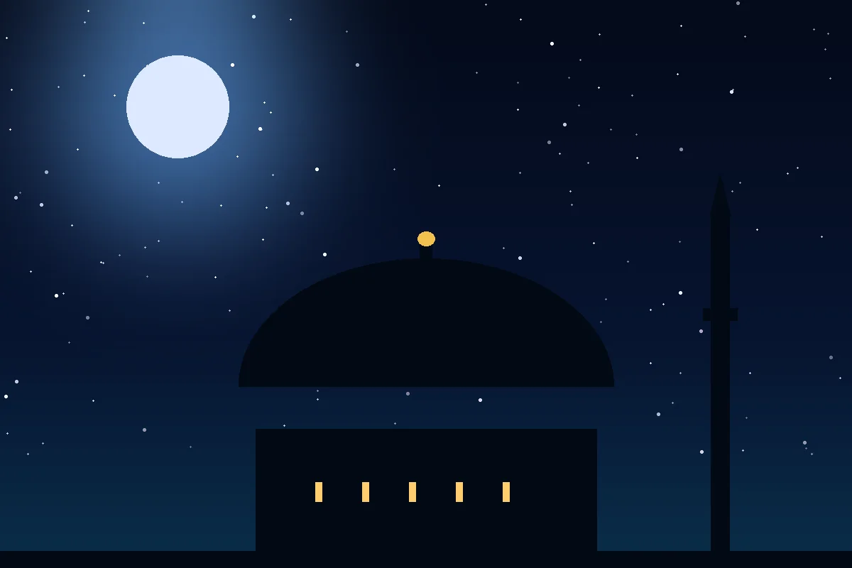 A mosque dome and minaret in moonlight against a deep blue night sky