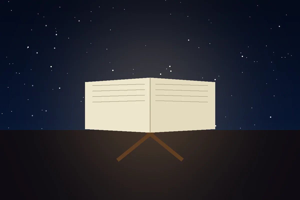 An open Quran on a wooden reading stand in soft night light