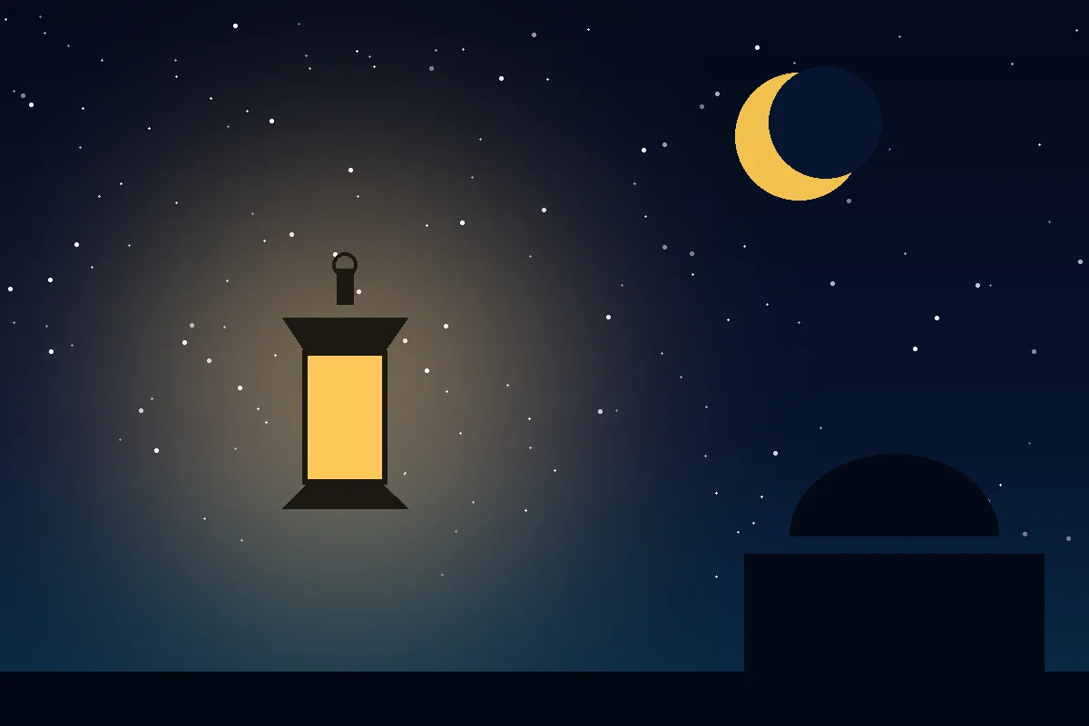 A Ramadan lantern glowing beside a crescent moon in the night sky